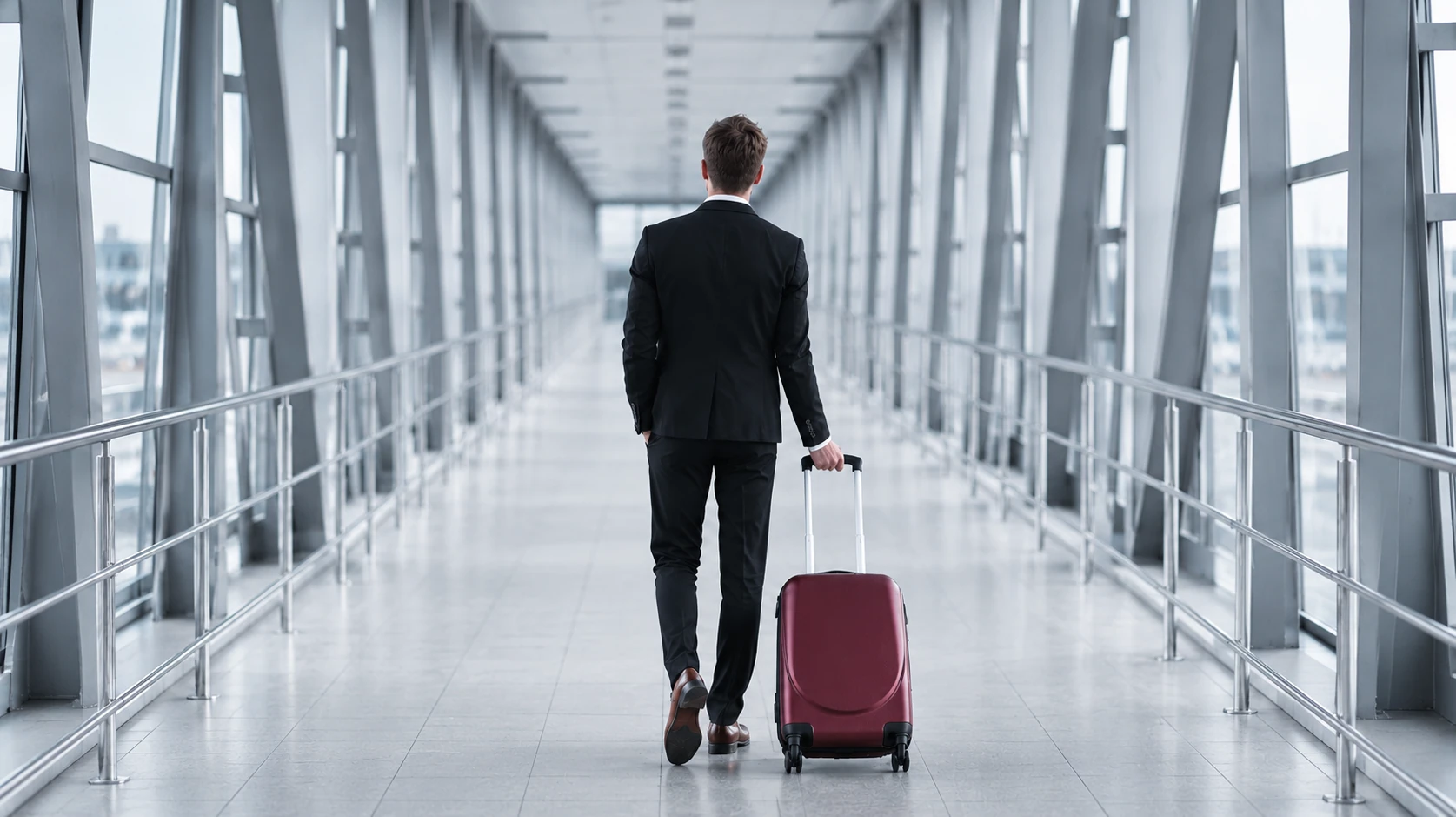A businessman walking with a burgundy suitcase