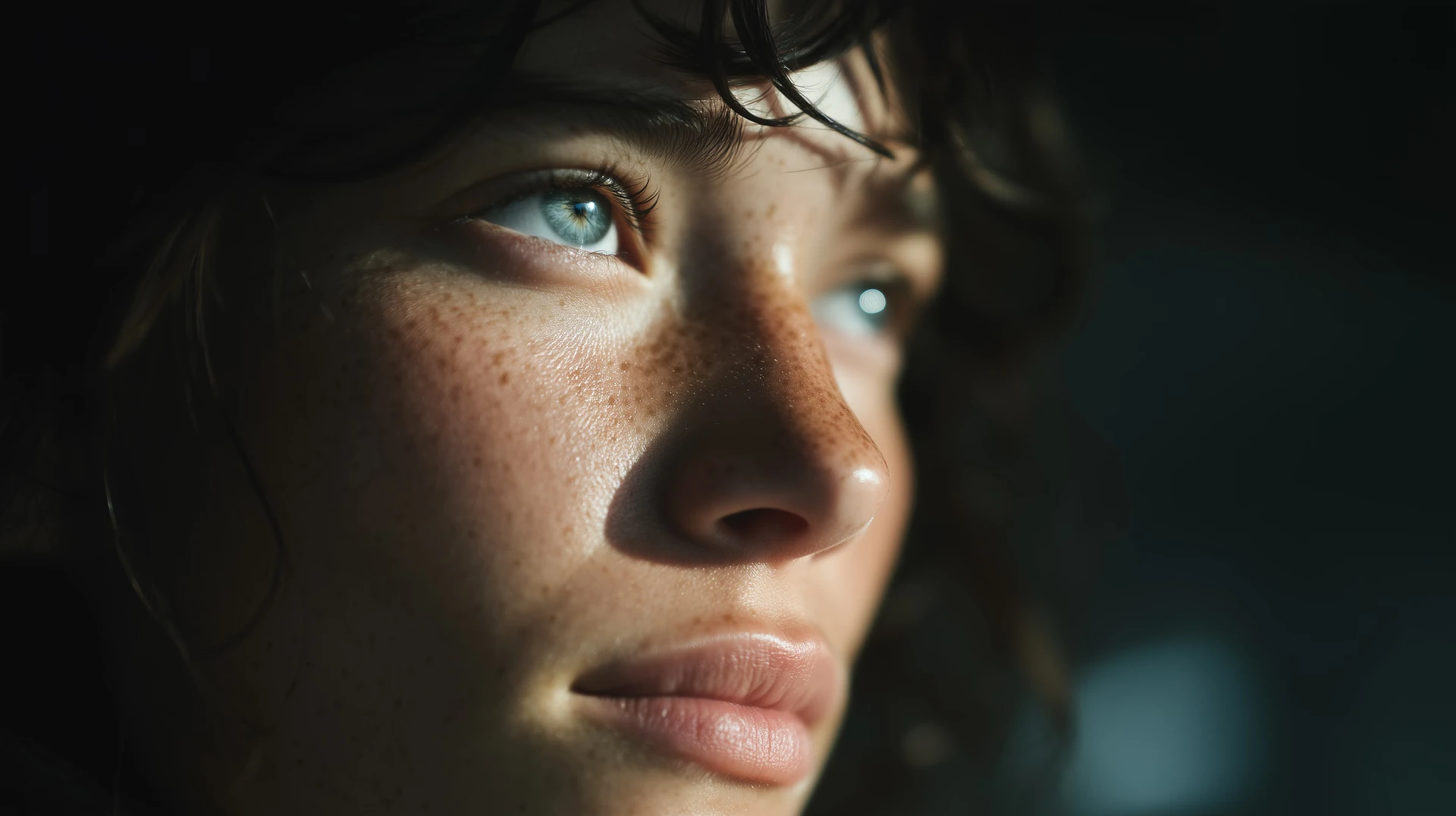 Close-up portrait of a woman with freckles and blue-green eyes
